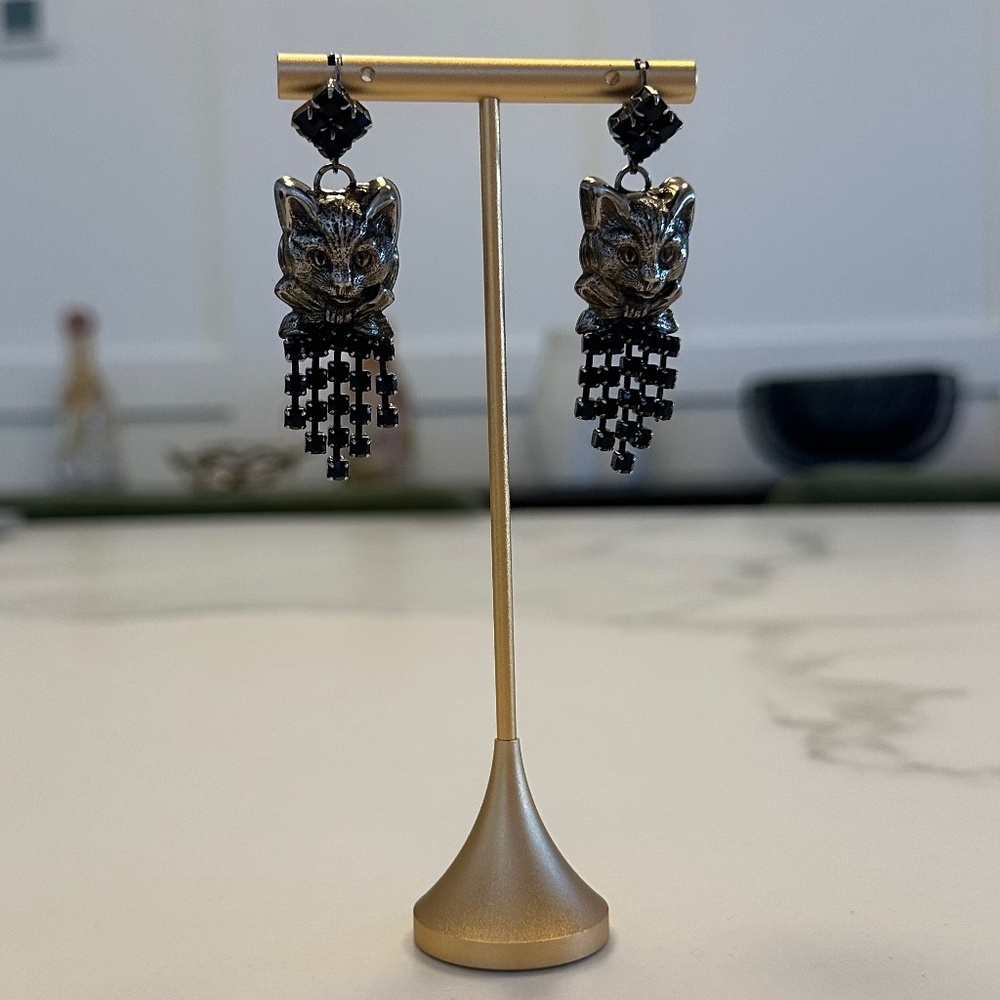 Danny Pollak - Jet Black Crystal Cat Fringe Dangle Earrings